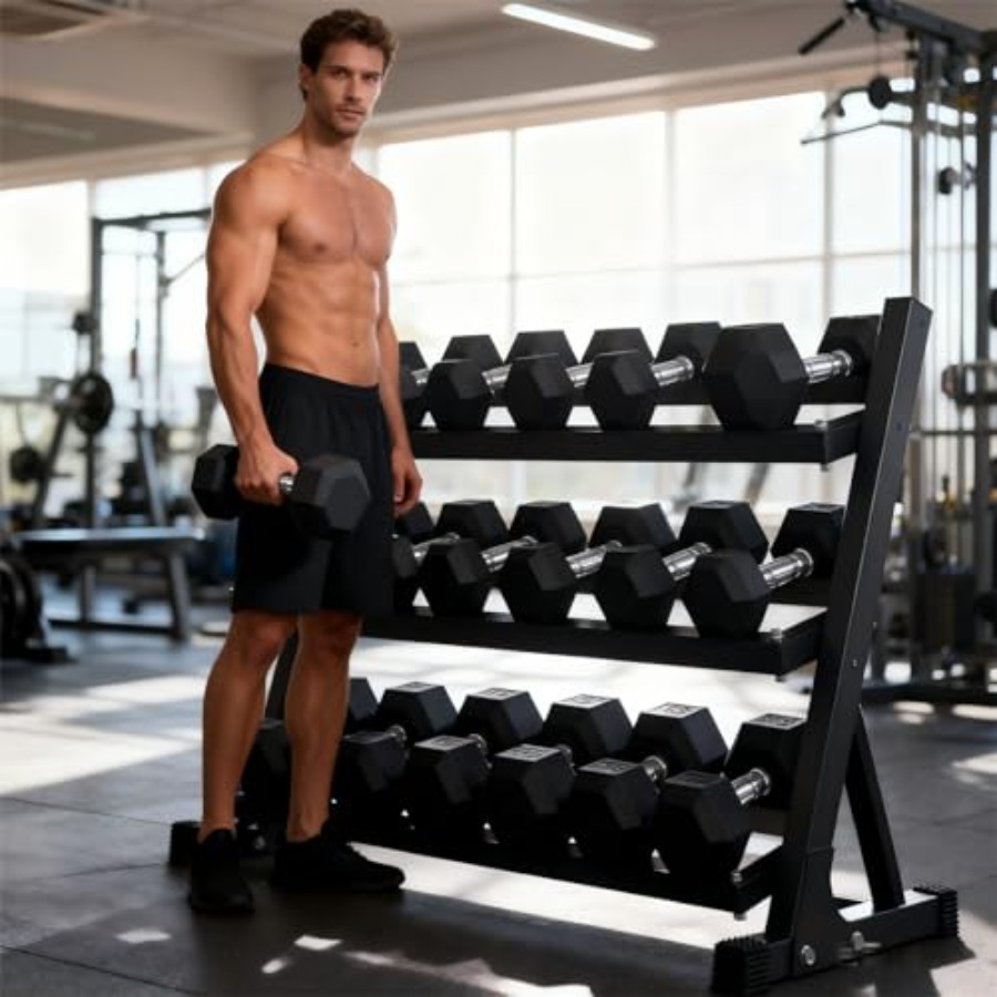 Home Gym No Equipment - Rubber Hex Dumbbell Set with Rack